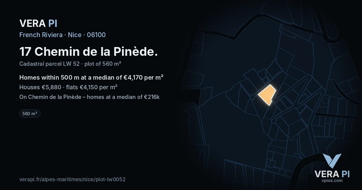 17 Chemin de la Pinède, Nice at night – the plot lit, the parcels around coloured by the prices near them