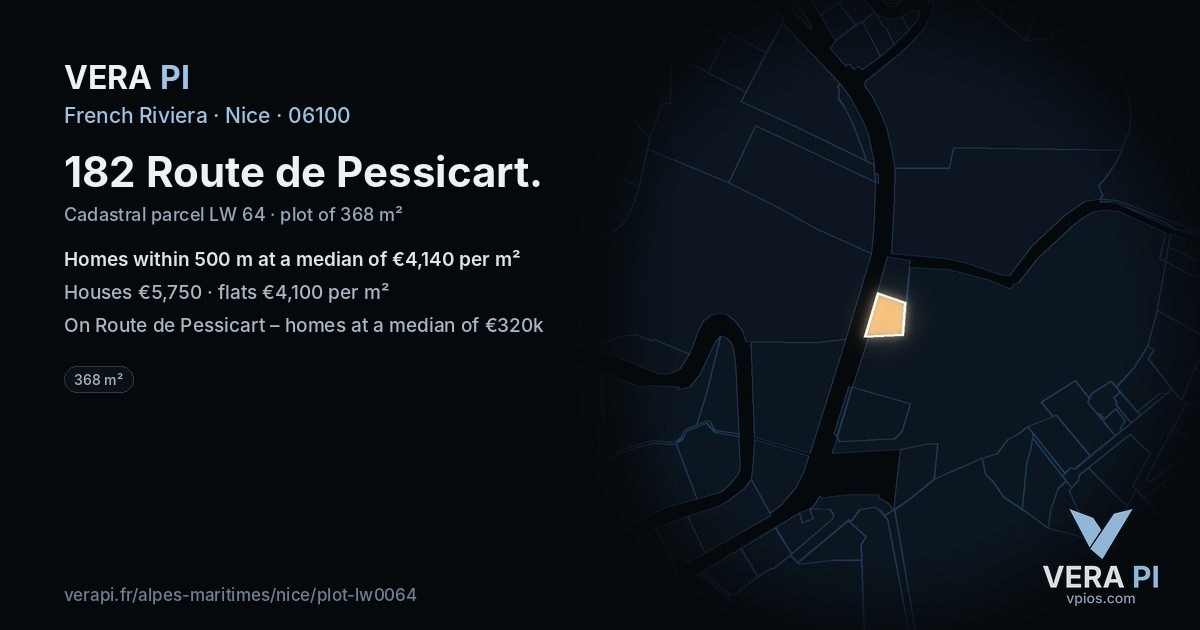 182 Route de Pessicart, Nice at night – the plot lit, the parcels around coloured by the prices near them