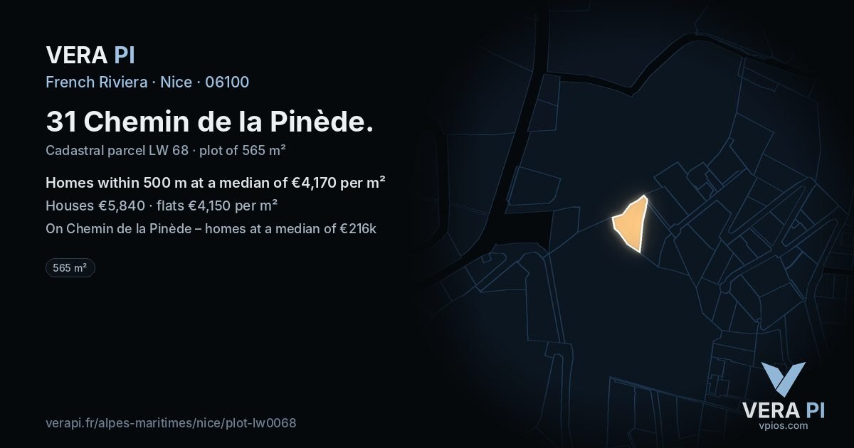 31 Chemin de la Pinède, Nice at night – the plot lit, the parcels around coloured by the prices near them