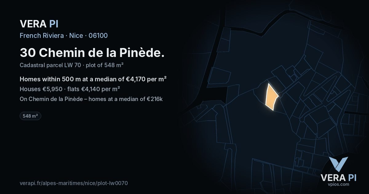30 Chemin de la Pinède, Nice at night – the plot lit, the parcels around coloured by the prices near them