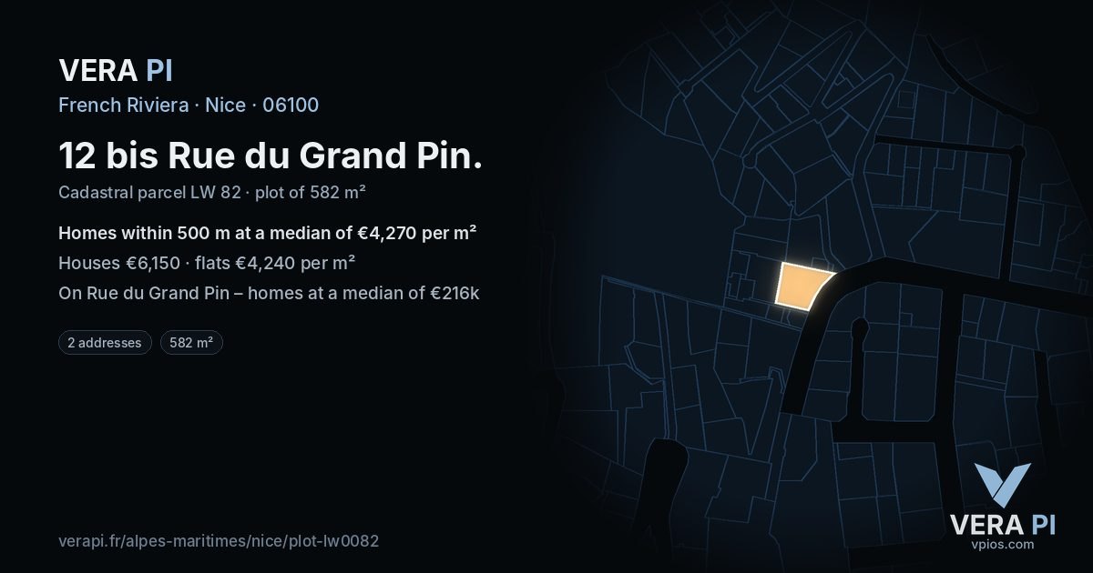 12 bis Rue du Grand Pin, Nice at night – the plot lit, the parcels around coloured by the prices near them