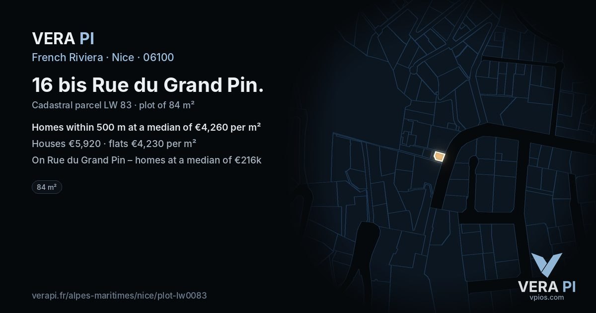 16 bis Rue du Grand Pin, Nice at night – the plot lit, the parcels around coloured by the prices near them