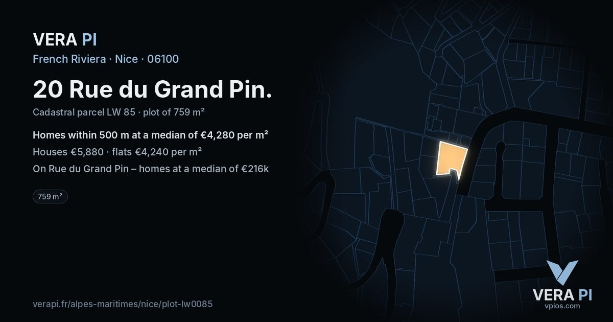 20 Rue du Grand Pin, Nice at night – the plot lit, the parcels around coloured by the prices near them