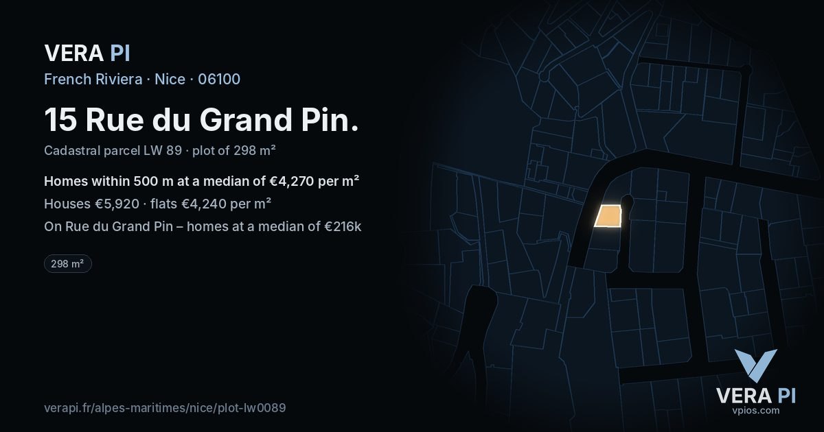 15 Rue du Grand Pin, Nice at night – the plot lit, the parcels around coloured by the prices near them