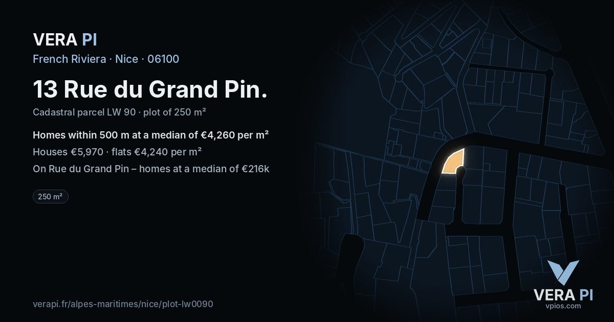 13 Rue du Grand Pin, Nice at night – the plot lit, the parcels around coloured by the prices near them