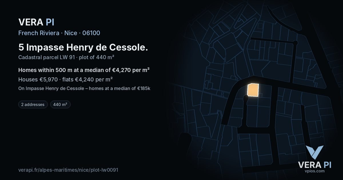 5 Impasse Henry de Cessole, Nice at night – the plot lit, the parcels around coloured by the prices near them