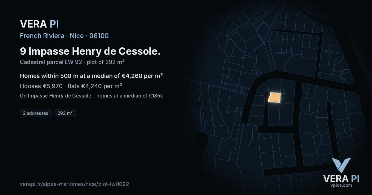 9 Impasse Henry de Cessole, Nice at night – the plot lit, the parcels around coloured by the prices near them
