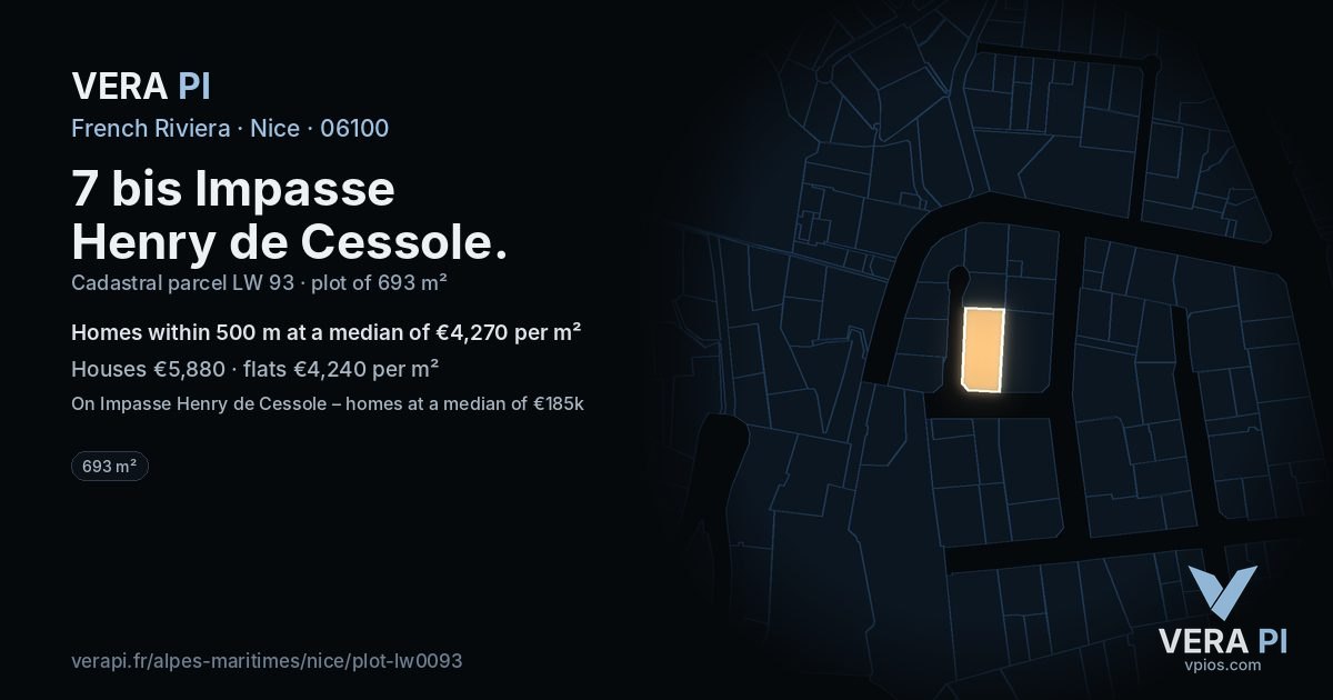 7 bis Impasse Henry de Cessole, Nice at night – the plot lit, the parcels around coloured by the prices near them