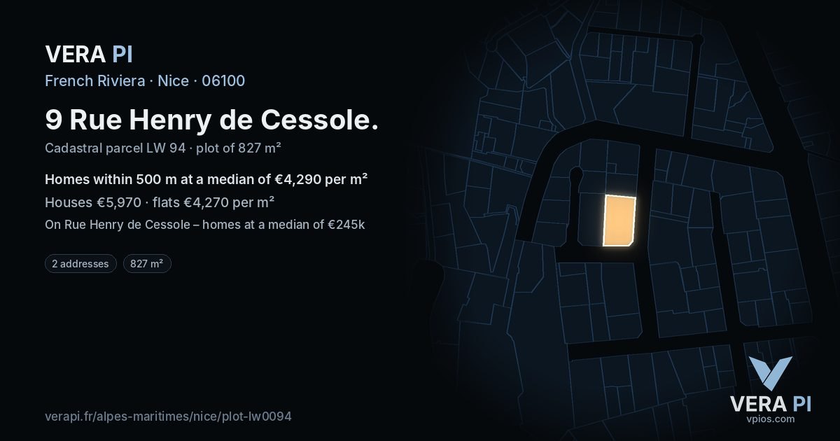 9 Rue Henry de Cessole, Nice at night – the plot lit, the parcels around coloured by the prices near them