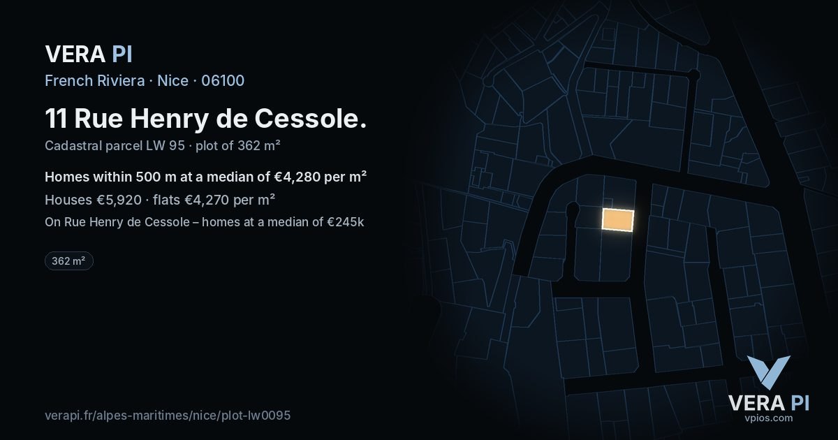 11 Rue Henry de Cessole, Nice at night – the plot lit, the parcels around coloured by the prices near them