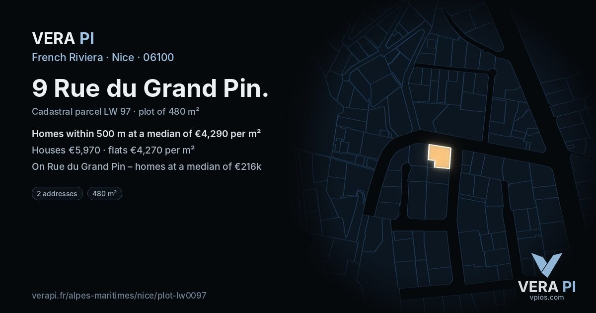 9 Rue du Grand Pin, Nice at night – the plot lit, the parcels around coloured by the prices near them