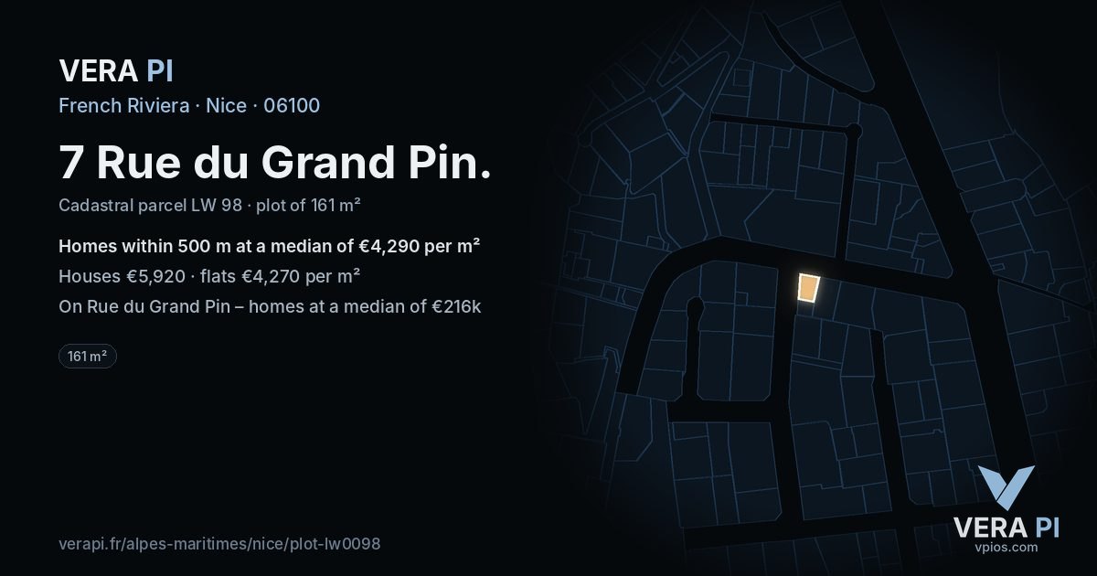 7 Rue du Grand Pin, Nice at night – the plot lit, the parcels around coloured by the prices near them