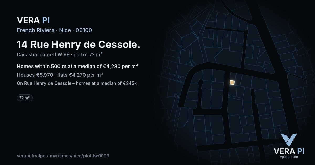 14 Rue Henry de Cessole, Nice at night – the plot lit, the parcels around coloured by the prices near them
