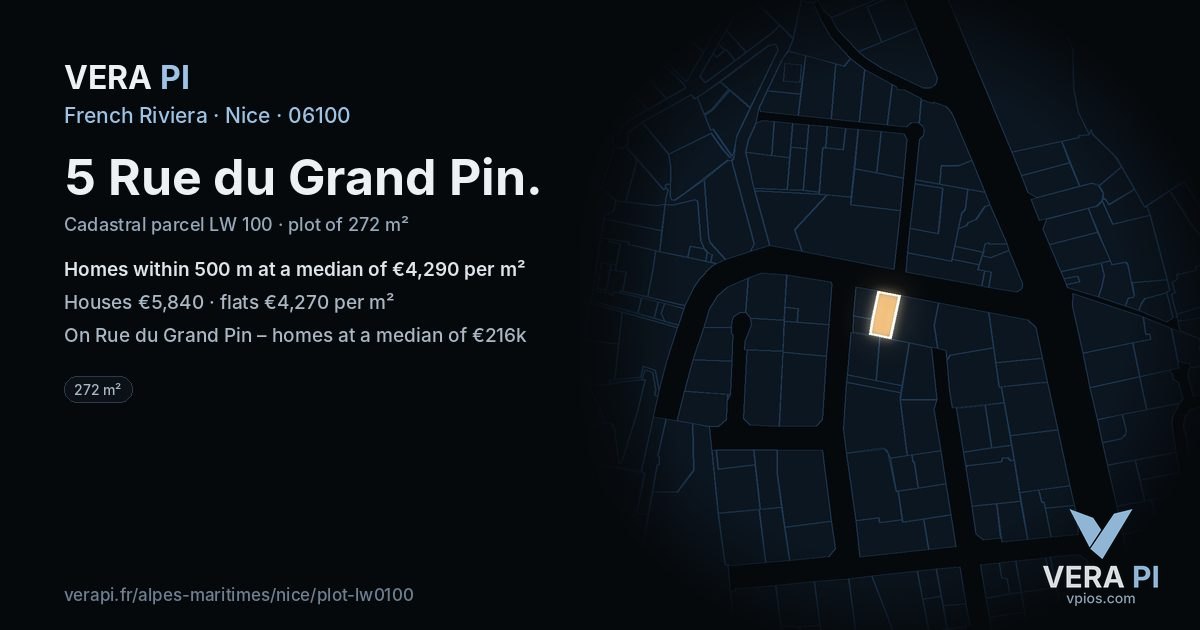 5 Rue du Grand Pin, Nice at night – the plot lit, the parcels around coloured by the prices near them