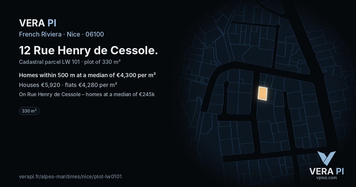12 Rue Henry de Cessole, Nice at night – the plot lit, the parcels around coloured by the prices near them