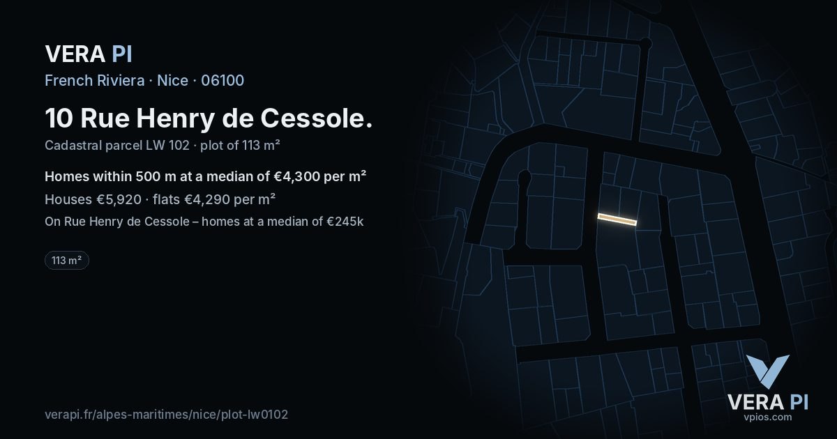 10 Rue Henry de Cessole, Nice at night – the plot lit, the parcels around coloured by the prices near them