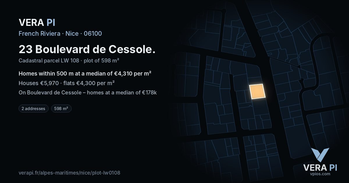 23 Boulevard de Cessole, Nice at night – the plot lit, the parcels around coloured by the prices near them