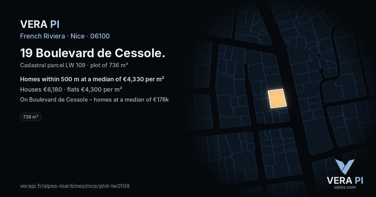 19 Boulevard de Cessole, Nice at night – the plot lit, the parcels around coloured by the prices near them