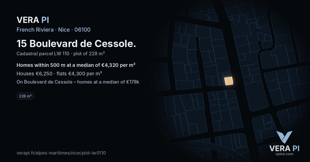 15 Boulevard de Cessole, Nice at night – the plot lit, the parcels around coloured by the prices near them