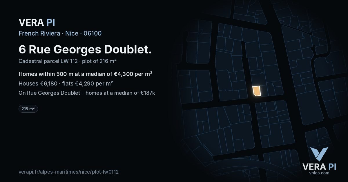 6 Rue Georges Doublet, Nice at night – the plot lit, the parcels around coloured by the prices near them