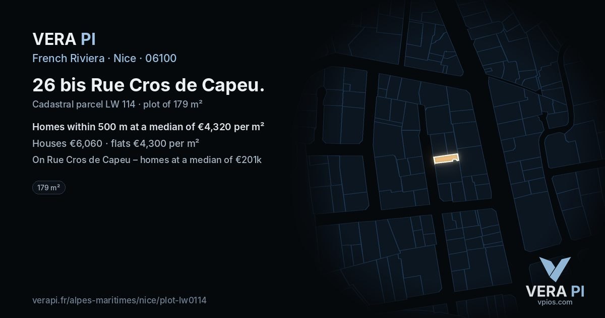 26 bis Rue Cros de Capeu, Nice at night – the plot lit, the parcels around coloured by the prices near them