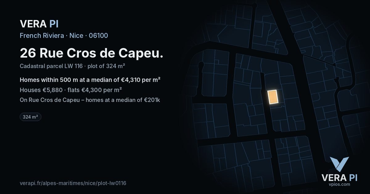 26 Rue Cros de Capeu, Nice at night – the plot lit, the parcels around coloured by the prices near them