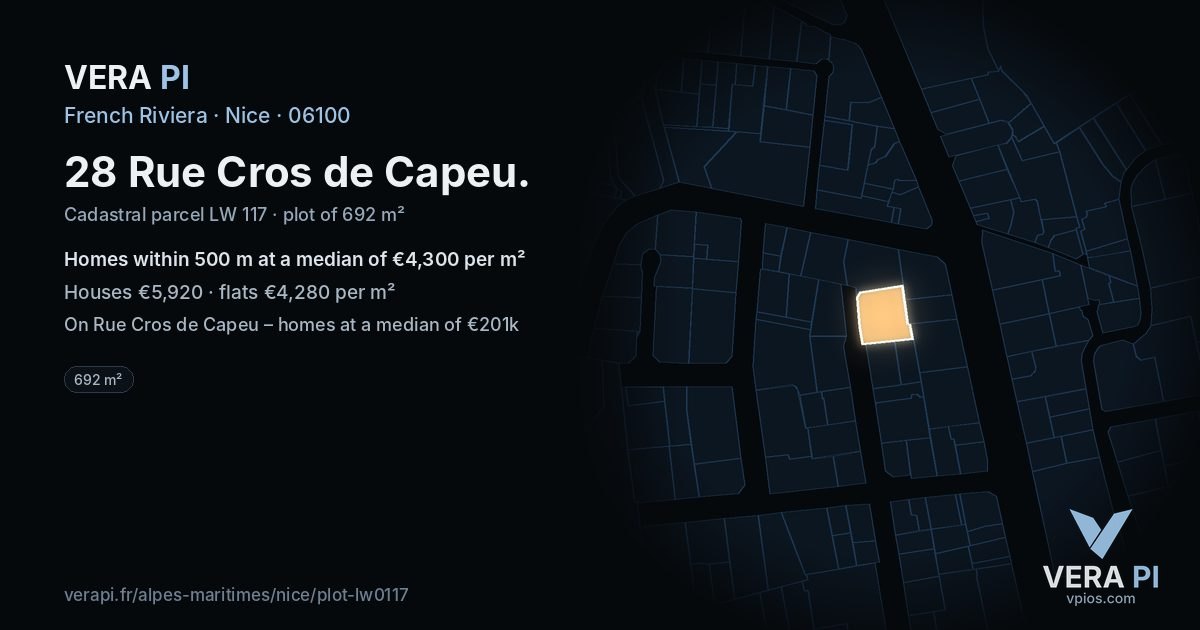 28 Rue Cros de Capeu, Nice at night – the plot lit, the parcels around coloured by the prices near them