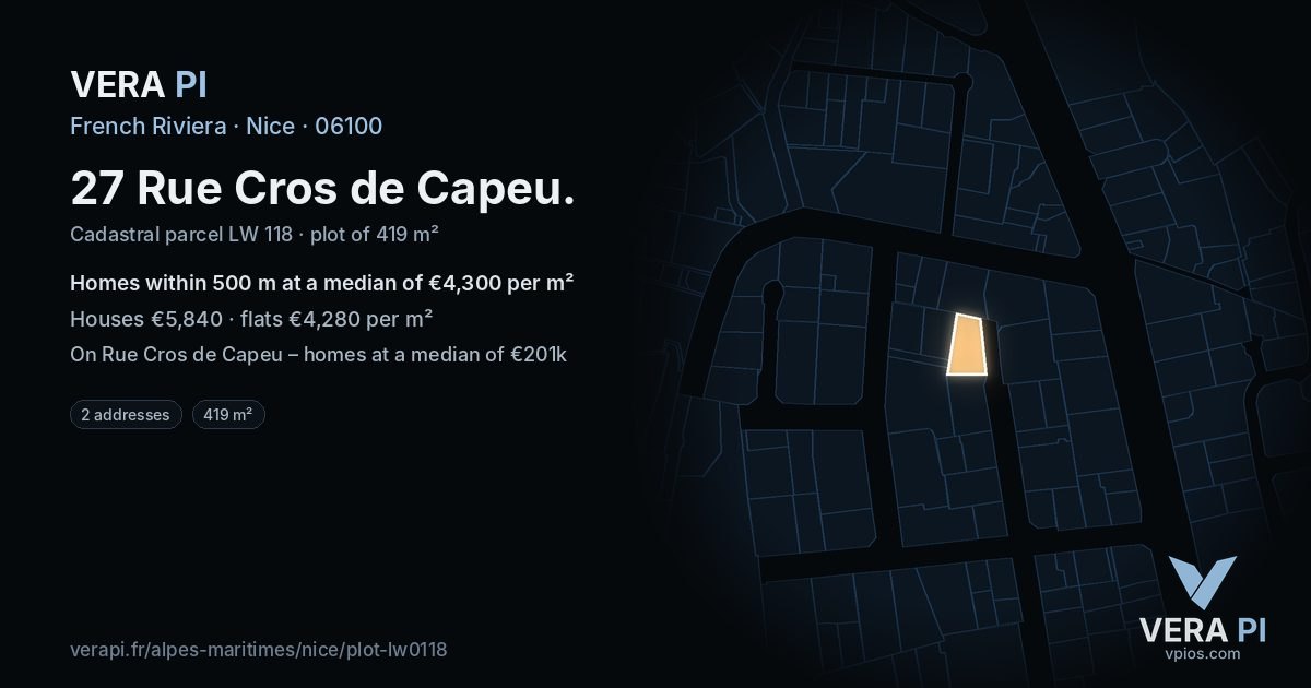 27 Rue Cros de Capeu, Nice at night – the plot lit, the parcels around coloured by the prices near them