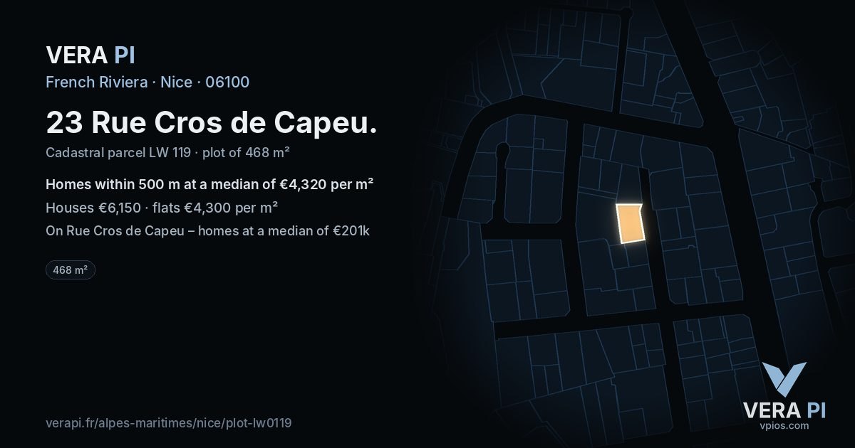 23 Rue Cros de Capeu, Nice at night – the plot lit, the parcels around coloured by the prices near them