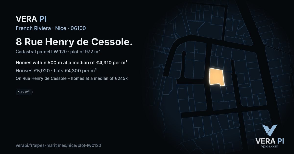 8 Rue Henry de Cessole, Nice at night – the plot lit, the parcels around coloured by the prices near them