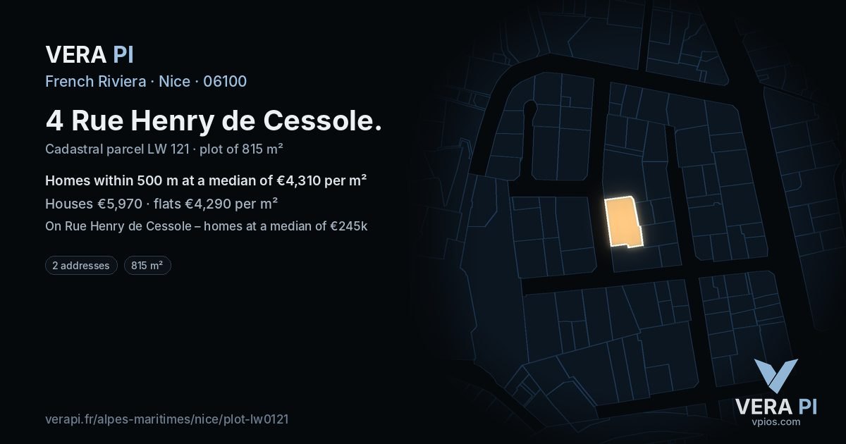 4 Rue Henry de Cessole, Nice at night – the plot lit, the parcels around coloured by the prices near them