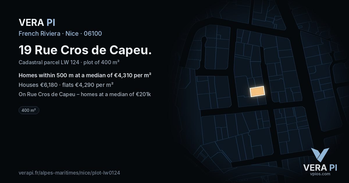 19 Rue Cros de Capeu, Nice at night – the plot lit, the parcels around coloured by the prices near them