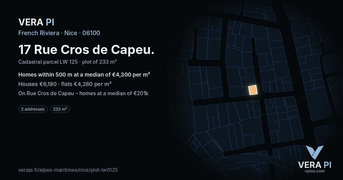 17 Rue Cros de Capeu, Nice at night – the plot lit, the parcels around coloured by the prices near them