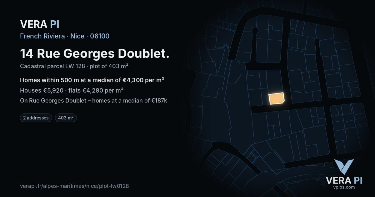 14 Rue Georges Doublet, Nice at night – the plot lit, the parcels around coloured by the prices near them