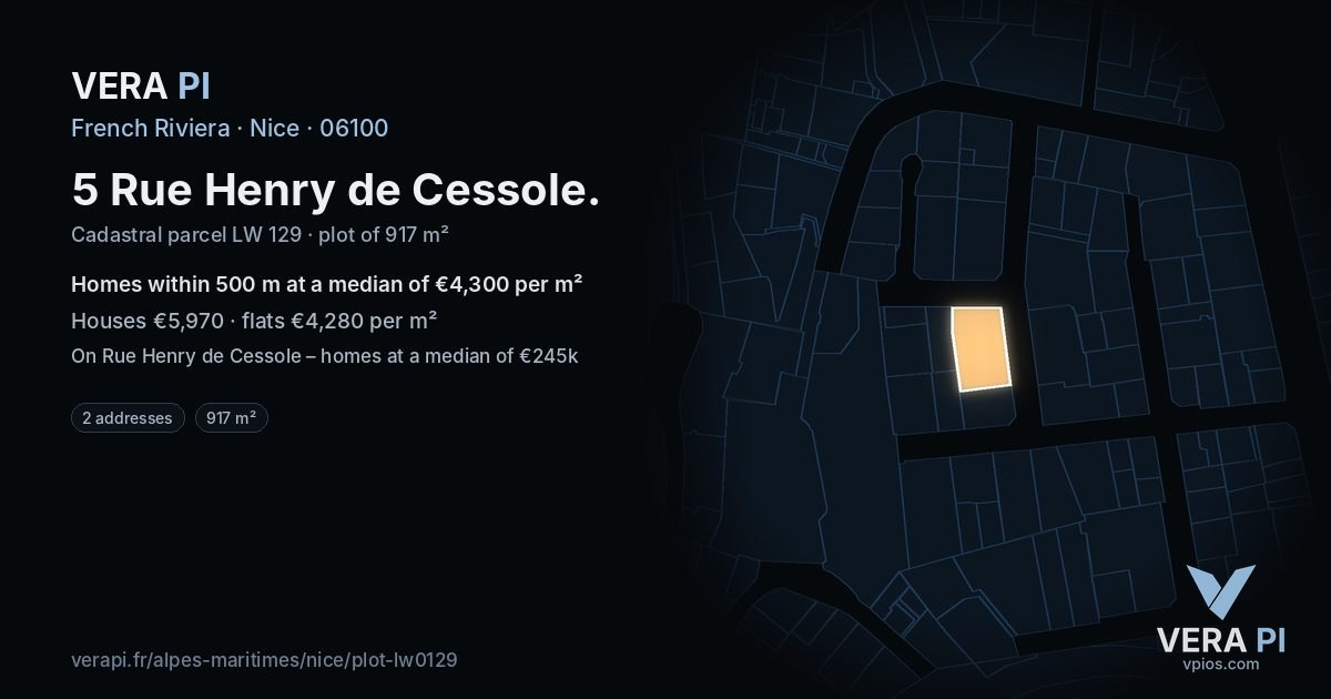 5 Rue Henry de Cessole, Nice at night – the plot lit, the parcels around coloured by the prices near them