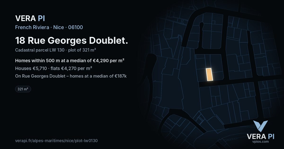 18 Rue Georges Doublet, Nice at night – the plot lit, the parcels around coloured by the prices near them