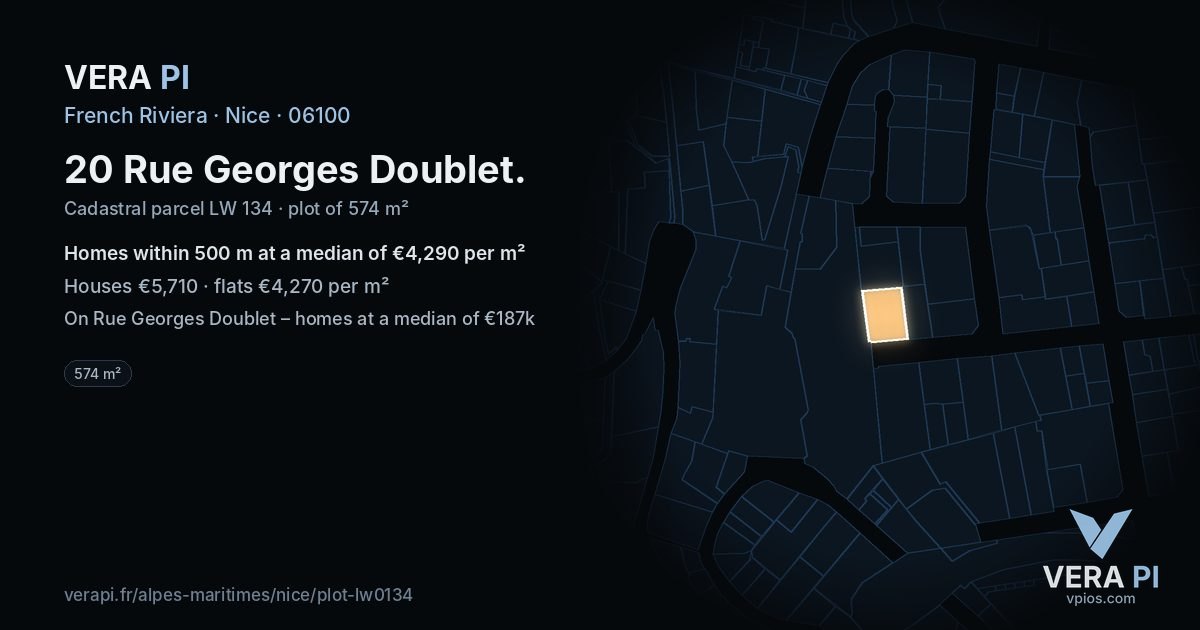 20 Rue Georges Doublet, Nice at night – the plot lit, the parcels around coloured by the prices near them