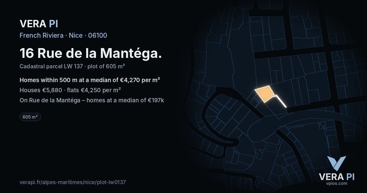 16 Rue de la Mantéga, Nice at night – the plot lit, the parcels around coloured by the prices near them