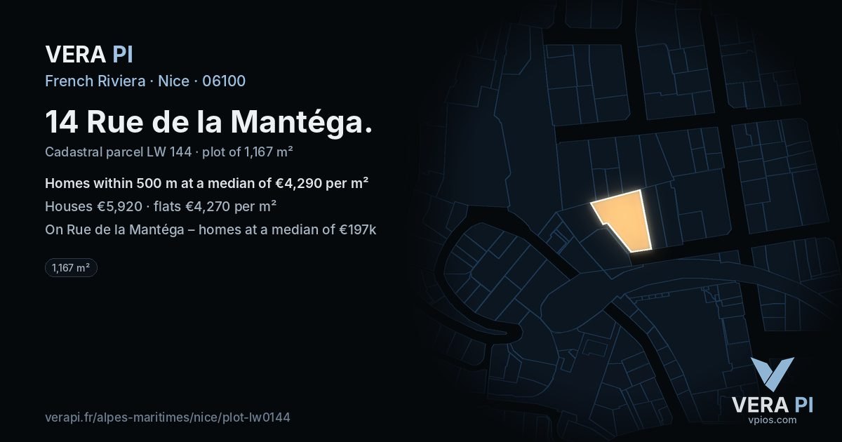 14 Rue de la Mantéga, Nice at night – the plot lit, the parcels around coloured by the prices near them