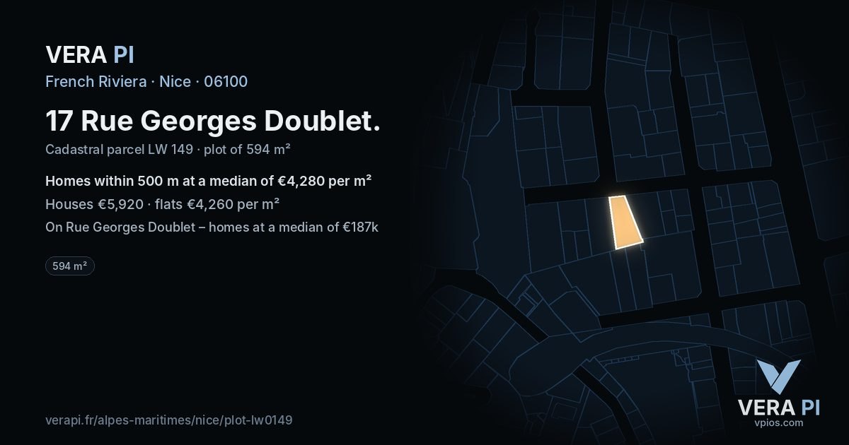 17 Rue Georges Doublet, Nice at night – the plot lit, the parcels around coloured by the prices near them