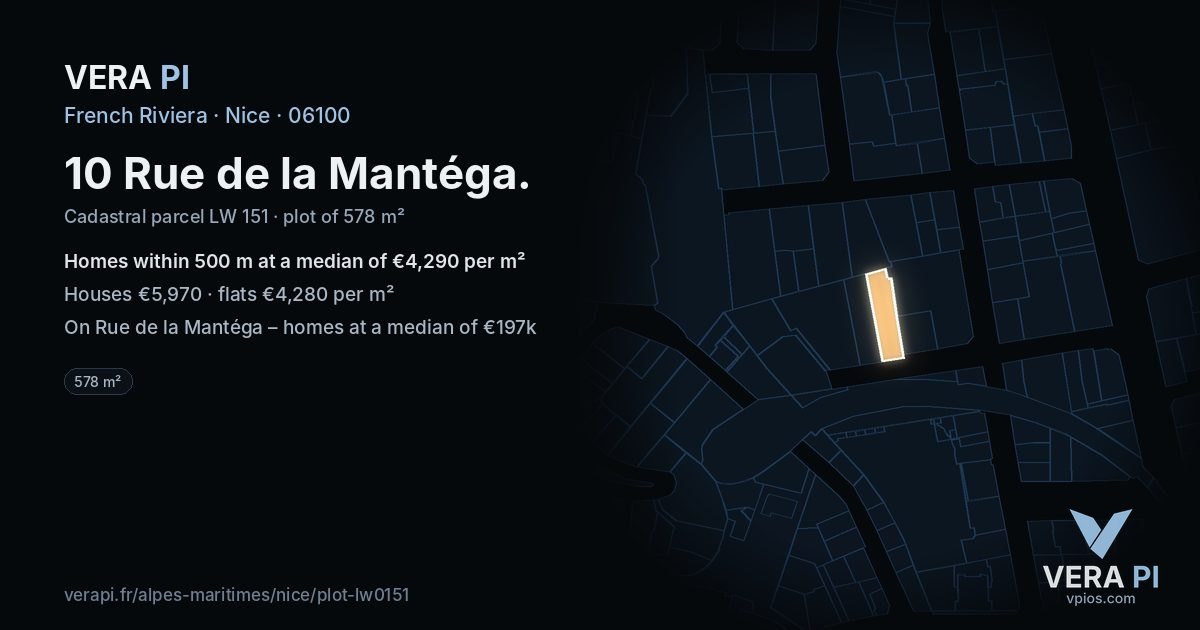 10 Rue de la Mantéga, Nice at night – the plot lit, the parcels around coloured by the prices near them