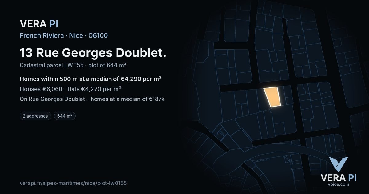 13 Rue Georges Doublet, Nice at night – the plot lit, the parcels around coloured by the prices near them
