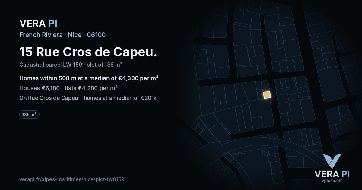 15 Rue Cros de Capeu, Nice at night – the plot lit, the parcels around coloured by the prices near them