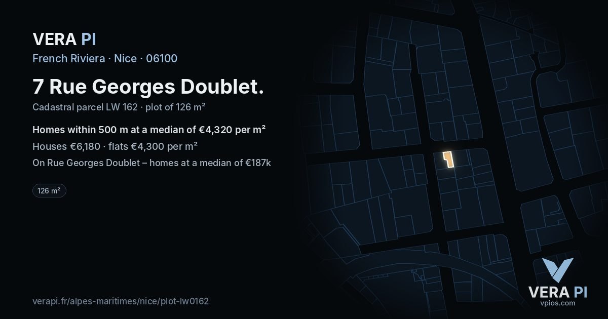 7 Rue Georges Doublet, Nice at night – the plot lit, the parcels around coloured by the prices near them