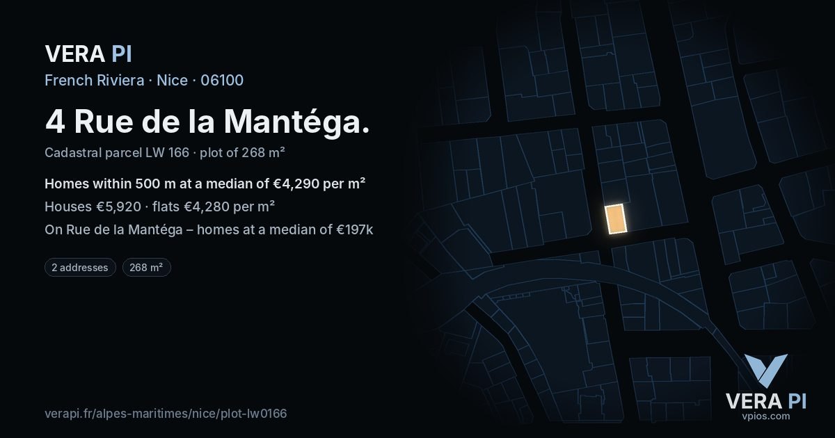 4 Rue de la Mantéga, Nice at night – the plot lit, the parcels around coloured by the prices near them