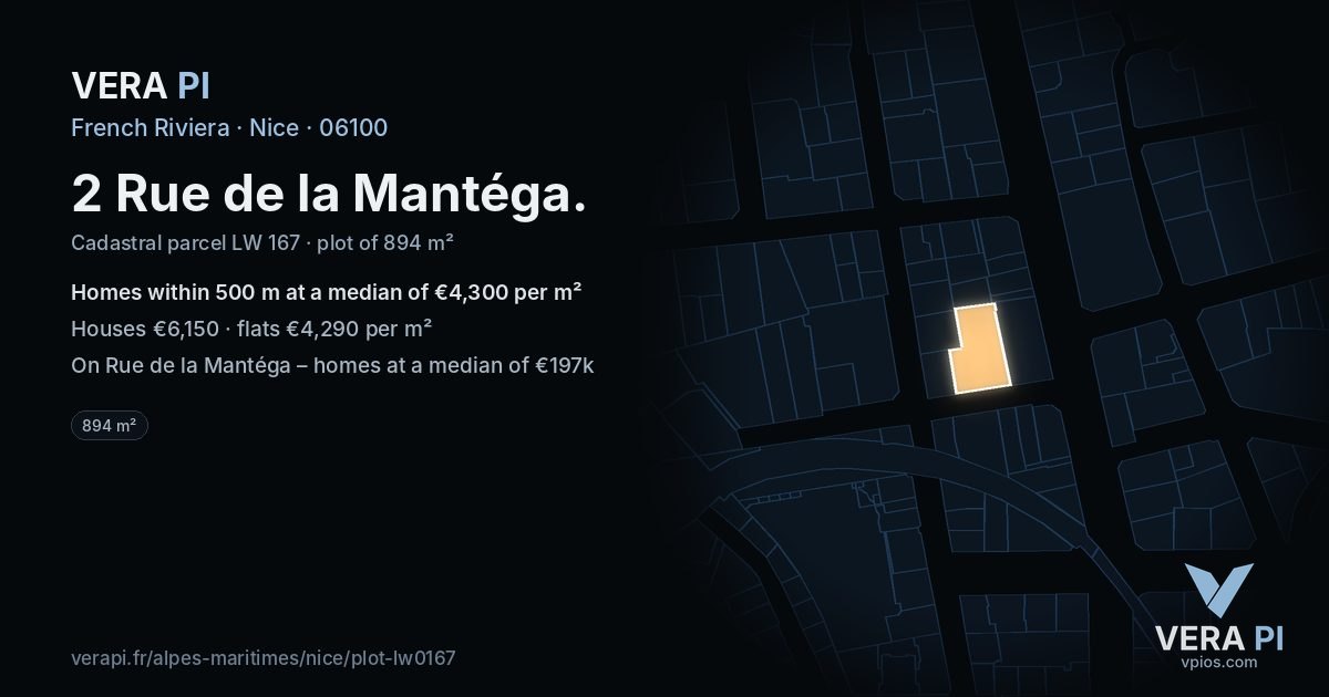 2 Rue de la Mantéga, Nice at night – the plot lit, the parcels around coloured by the prices near them