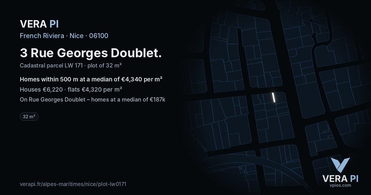 3 Rue Georges Doublet, Nice at night – the plot lit, the parcels around coloured by the prices near them