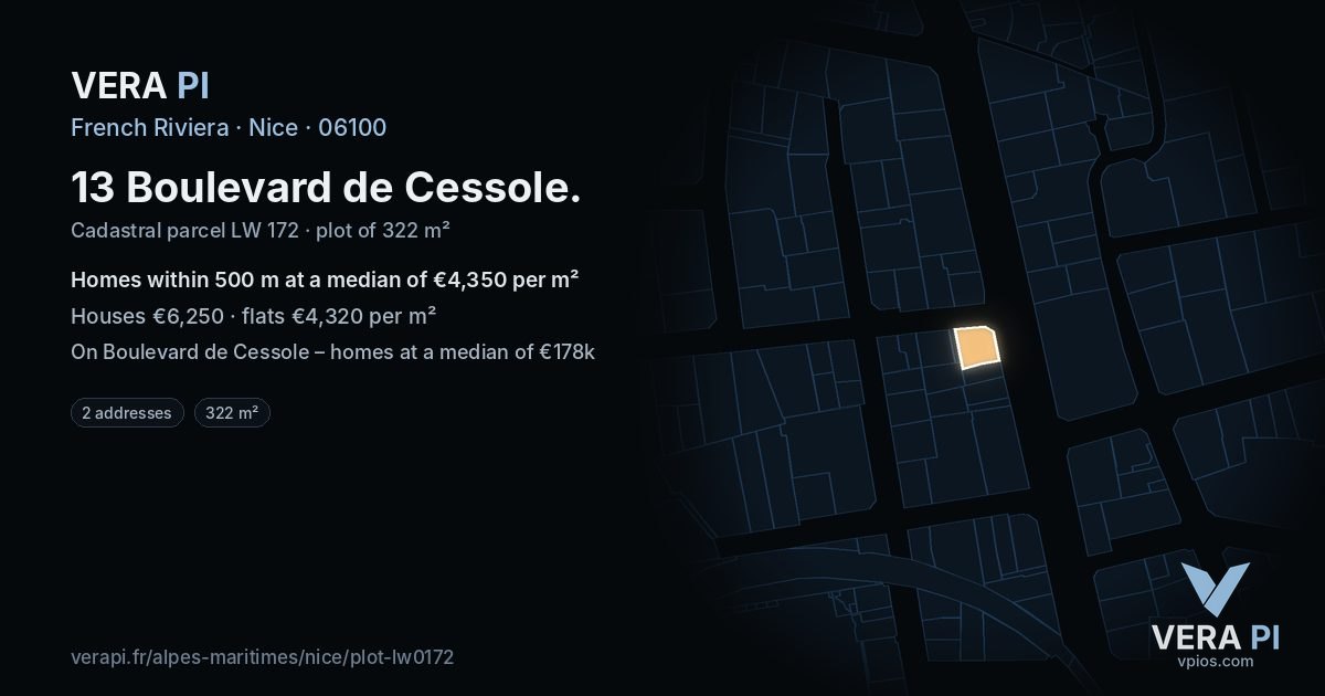 13 Boulevard de Cessole, Nice at night – the plot lit, the parcels around coloured by the prices near them