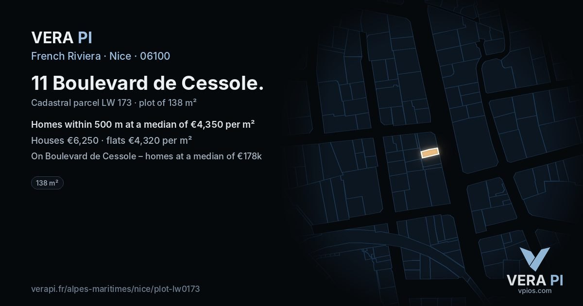 11 Boulevard de Cessole, Nice at night – the plot lit, the parcels around coloured by the prices near them