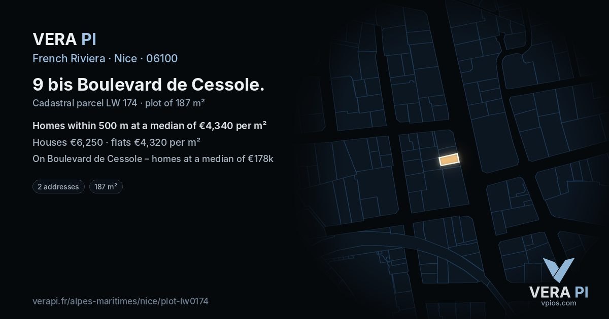 9 bis Boulevard de Cessole, Nice at night – the plot lit, the parcels around coloured by the prices near them